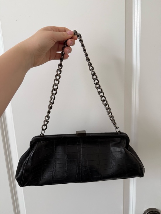 Handbags - Crocodile-embossed Clutch with Silver Chain